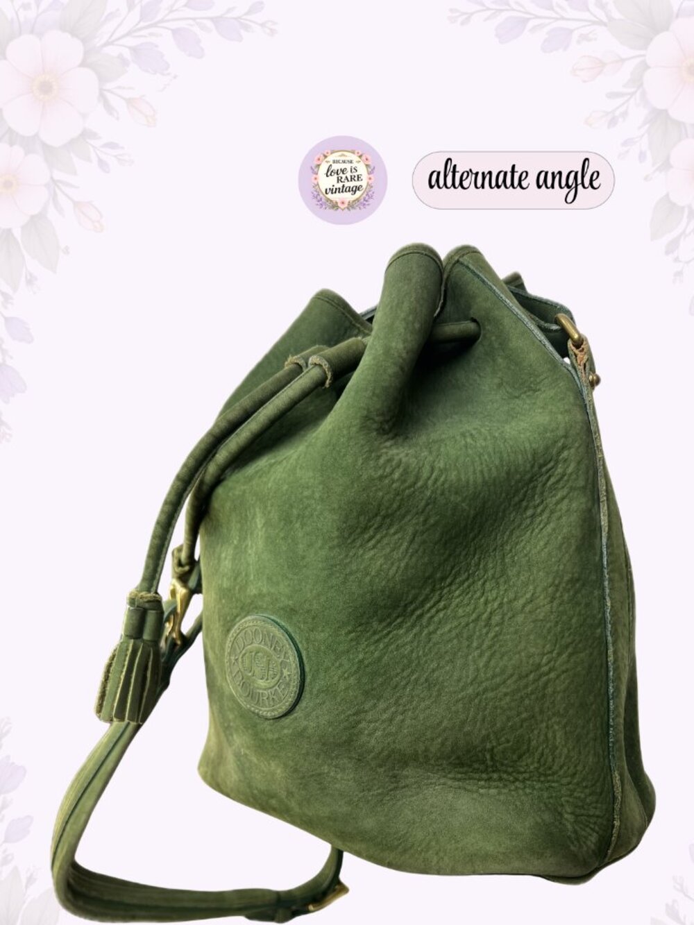 Vintage Dooney & Bourke Leather Bucket Bag • 1990s Green Suede Drawstring Purse - Picture 3 of 15